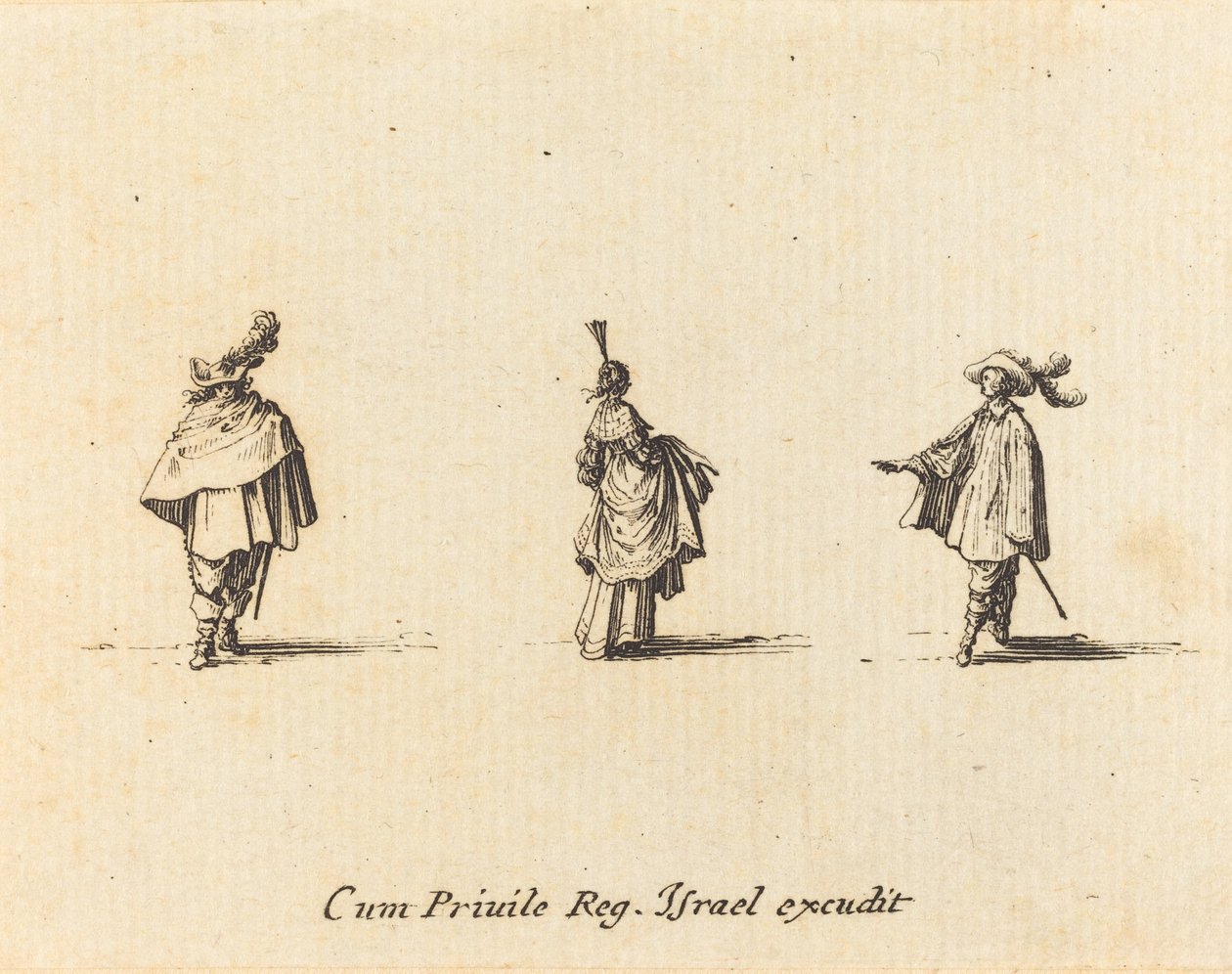 Dame med kjole samlet, og to herrer av Jacques Callot