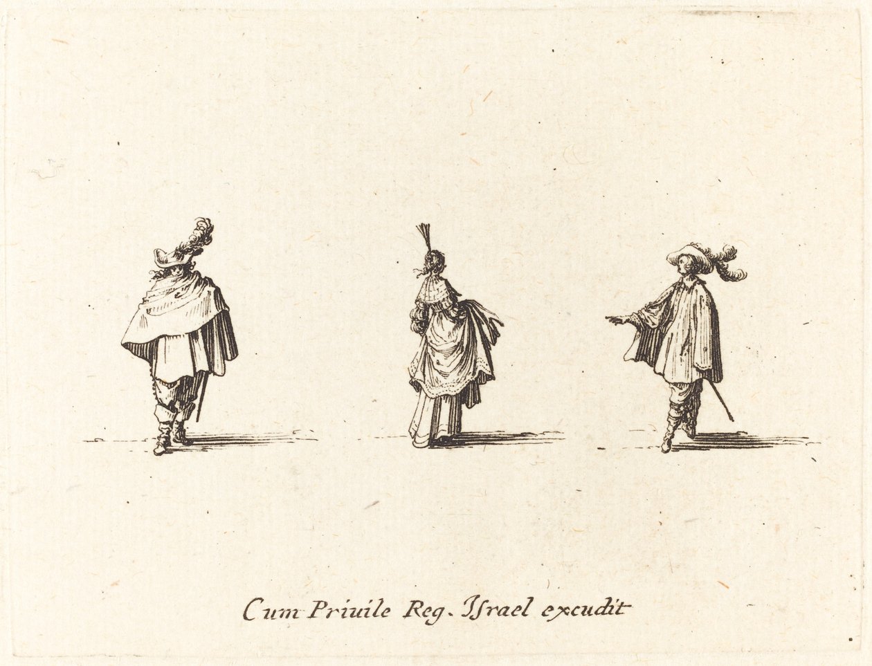 Dame med kjole samlet, og to herrer av Jacques Callot