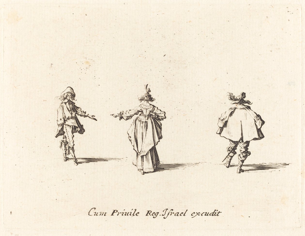 Dame med utstrakt arm, sett bakfra, og to herrer av Jacques Callot