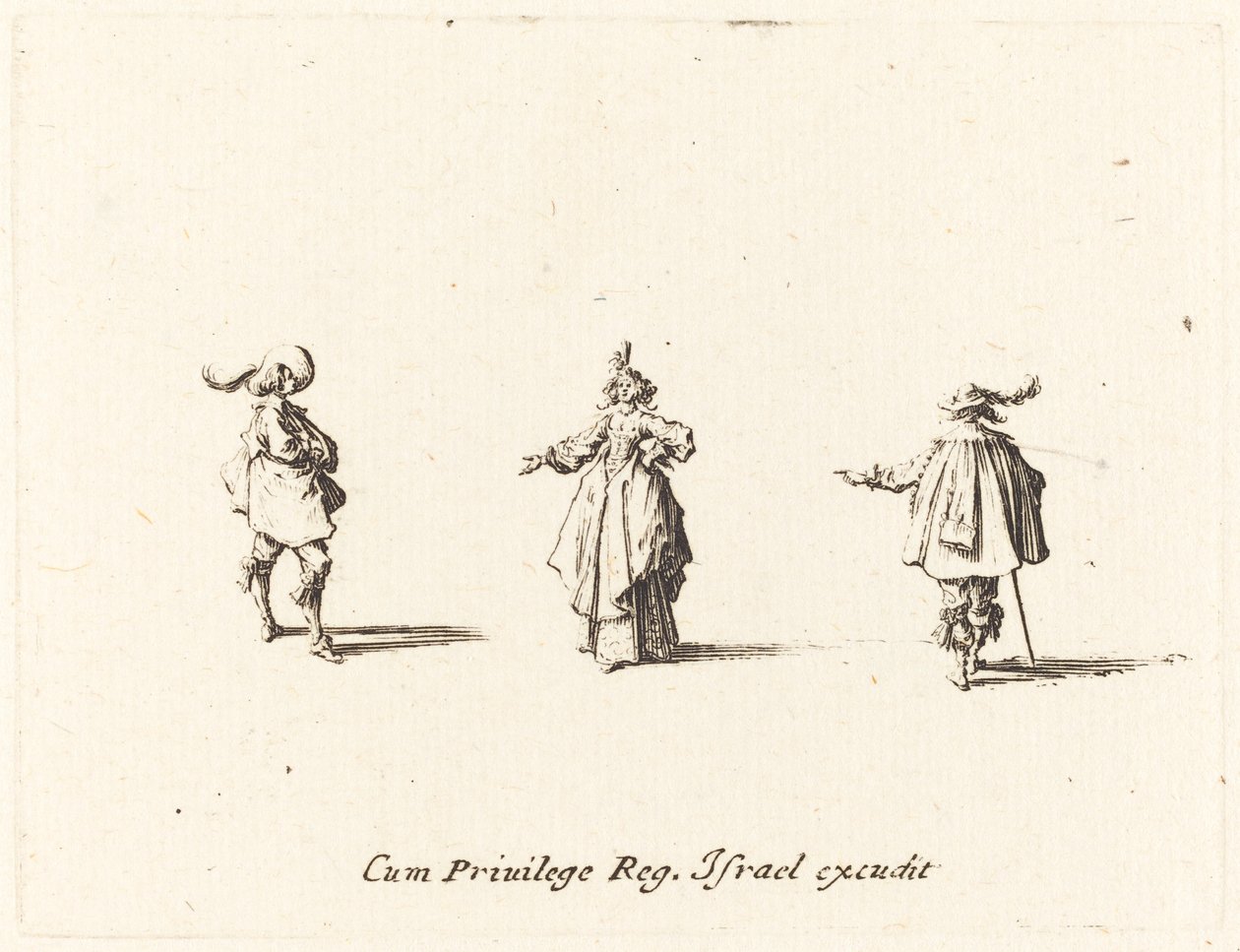 Dame med utstrakt arm, og to herrer av Jacques Callot