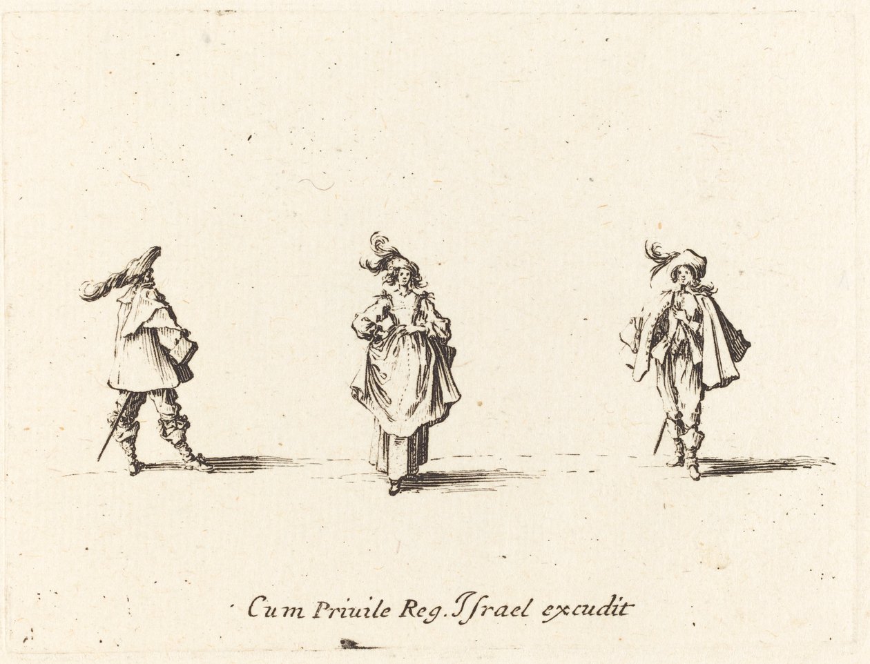 Dame med plymer, og to herrer av Jacques Callot