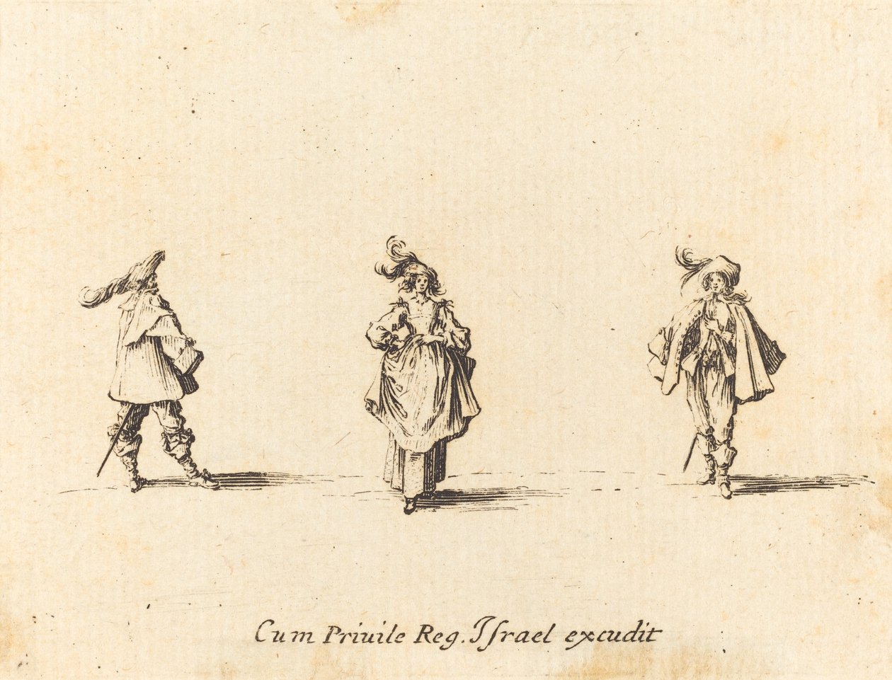 Dame med plymer og to herrer, sannsynligvis 1634. av Jacques Callot