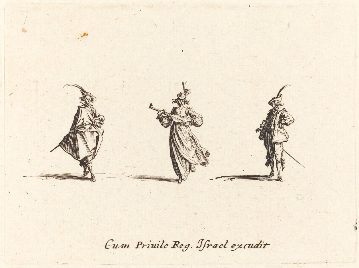 Dame med strykeinstrument, og to herrer av Jacques Callot
