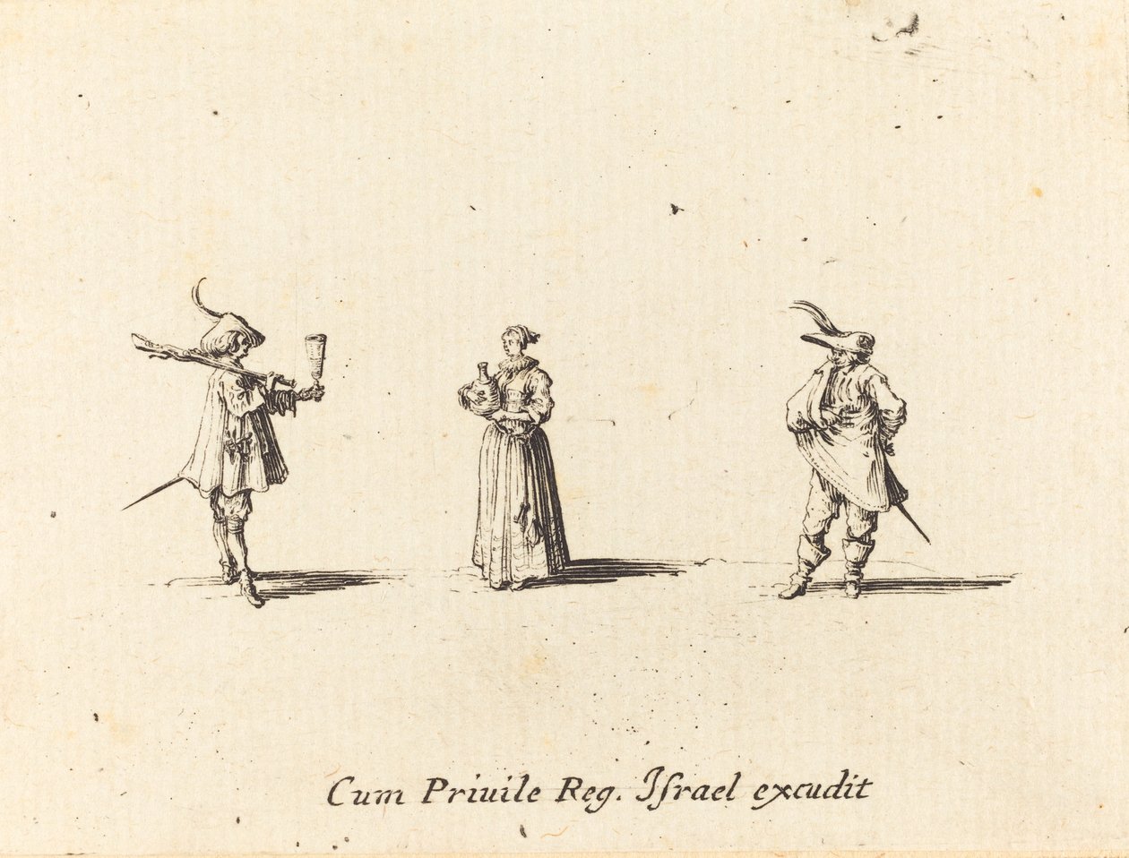 Dame med vinflaske, og to herrer av Jacques Callot