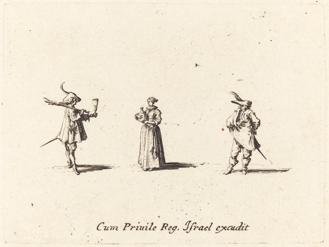 Dame med vinflaske og to herrer, sannsynligvis 1634. av Jacques Callot