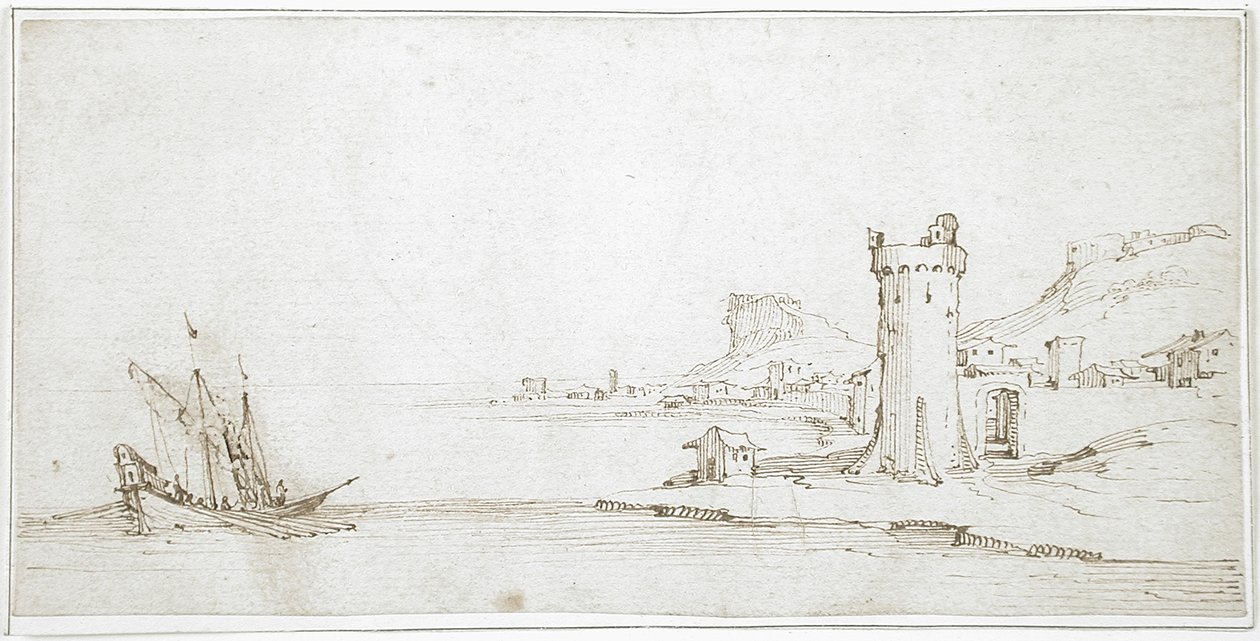 Landskap med tårn og båt av Jacques Callot