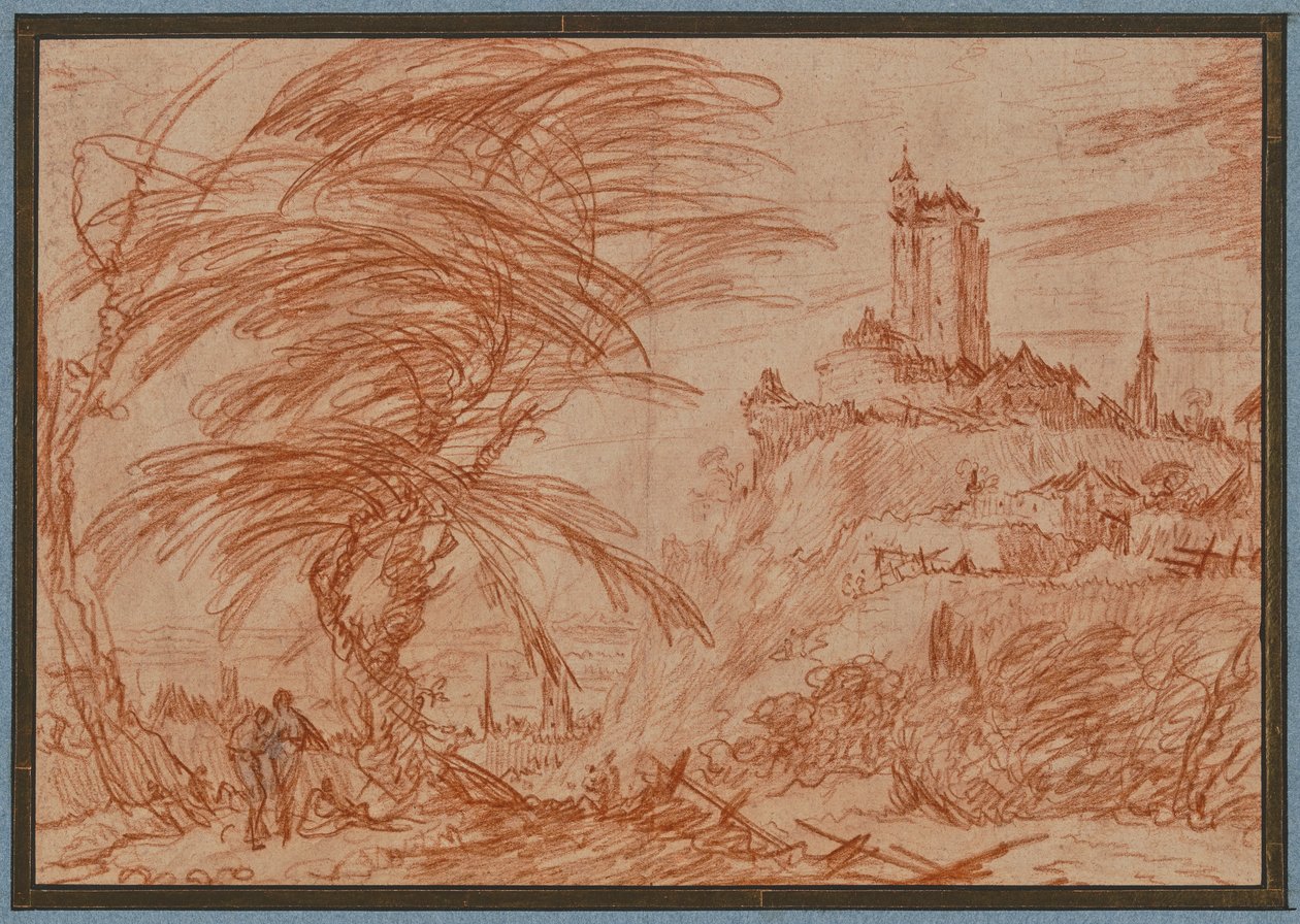 Landschaft, rechts auf einem Hügel ein großer Turm, links eine Baumgruppe und einige Figuren av Jacques Callot