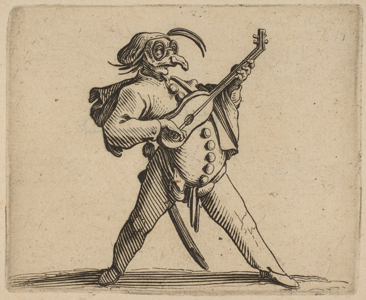 Den maskerte komikeren som spiller gitar, fra ..., 1616-22. av Jacques Callot