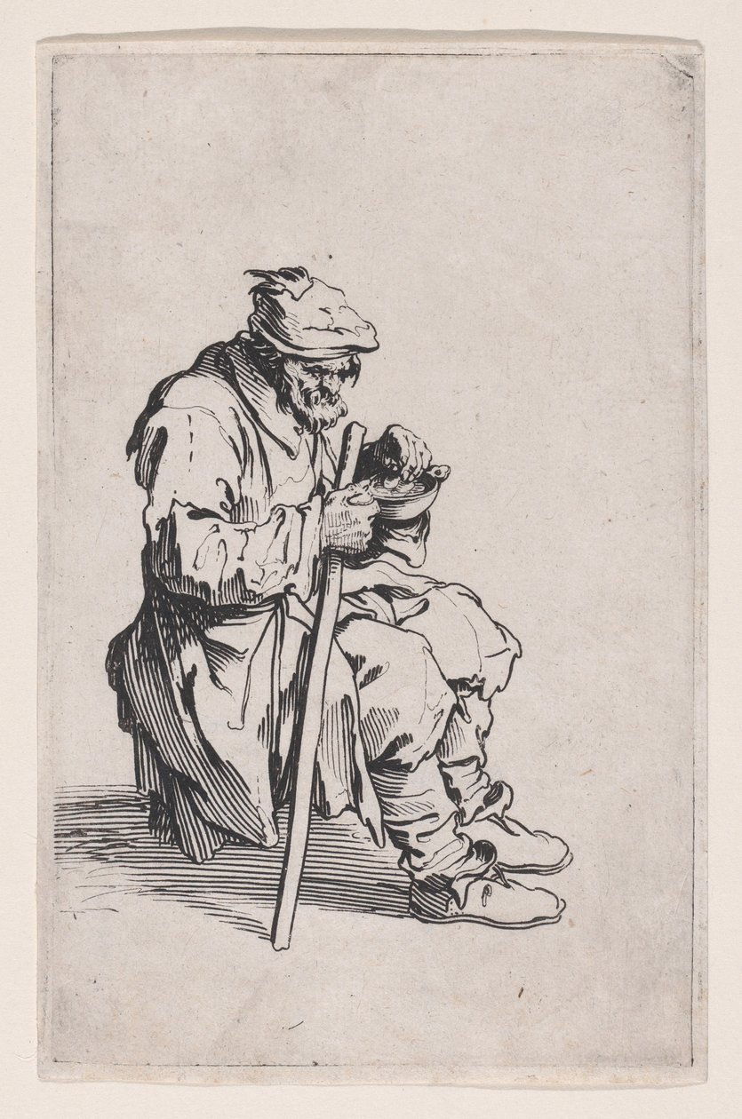 Den sittende og spisende tiggeren, fra «Les Gueux, suite appelée aussi Les Mendiants, Les Baroni, ou Les Barons» av Jacques Callot