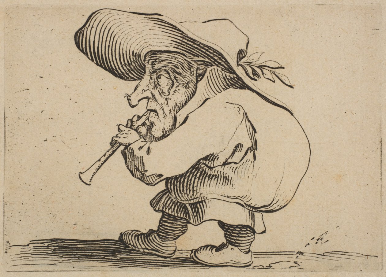 Le Joueur de Flageolet The Flageolet Player, fra Varie Figure Gobbi, suite kalt a..., 1616-22. av Jacques Callot