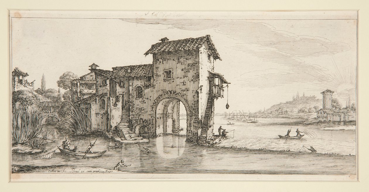 Le moulin a eau (Møllen på vannet), fra Landscapes for Giovanni de Medici av Jacques Callot