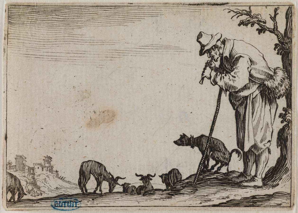 Innfallene, hyrden som spiller fløyte. Trettisjuende nummer i serien på 50 trykk gravert i Nancy (Lieure 464, Meaume 833) av Jacques Callot
