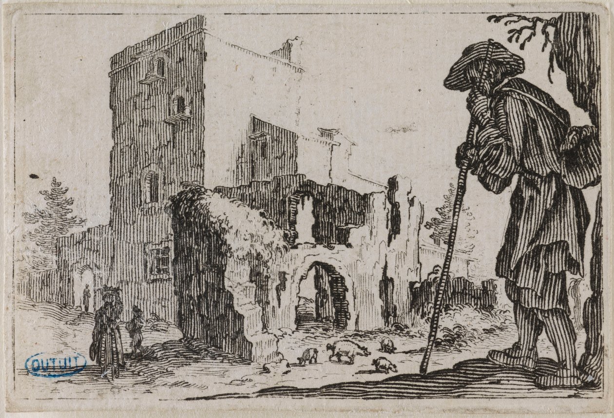 Lunene, Hyrden og ruinene. Femte nummer i serien på 50 stikk, gravert i Nancy (Lieure 432, Meaume 777) av Jacques Callot