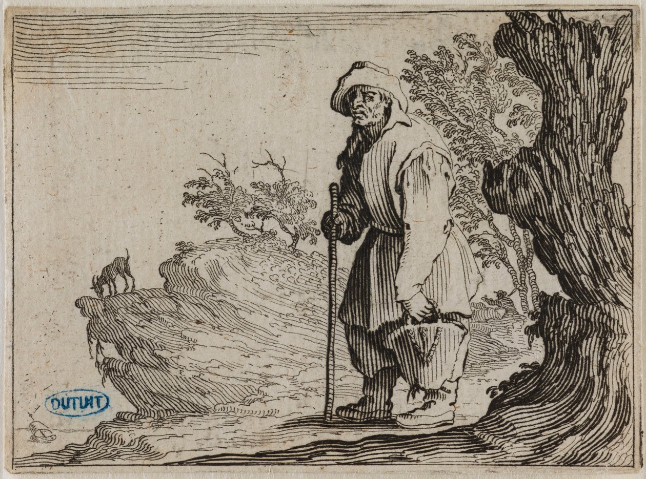Kaprisene, Bonden som bærer sekken sin. Trettiførste blad i serien på 50 blad, gravert i Nancy (Lieure 458, Meaume 827) av Jacques Callot
