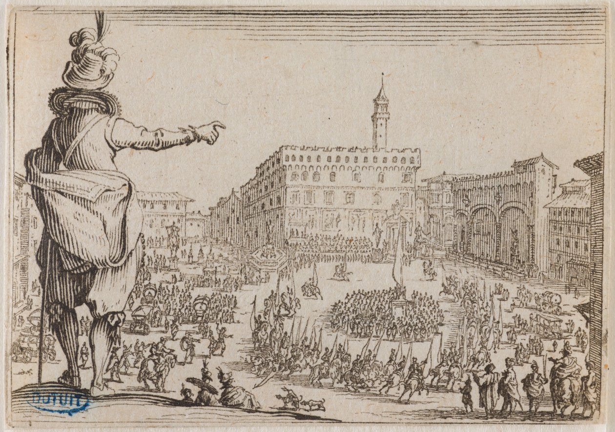 Innfallene, En fest på Piazza della Signoria i Firenze. Førtisjette nummer i serien på 50 trykk gravert i Nancy (Lieure 473, Meaume 859) av Jacques Callot