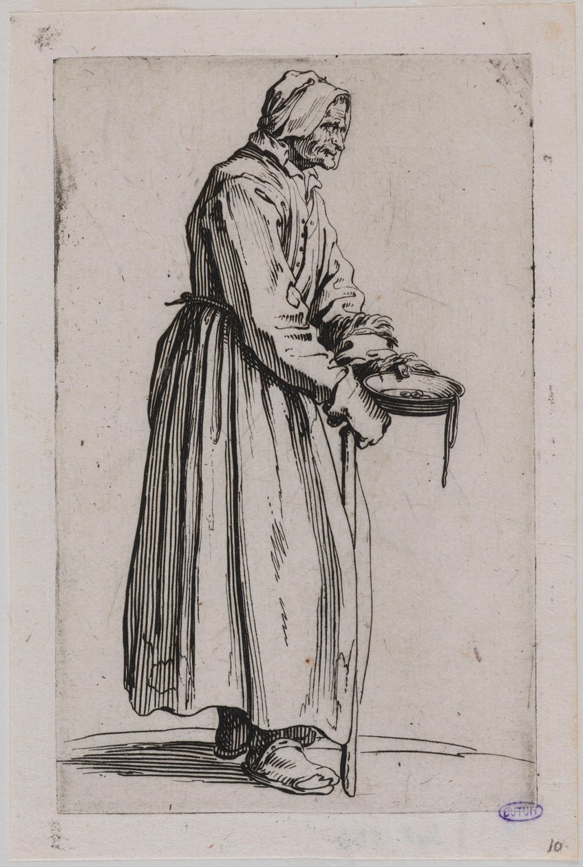 Tiggerne, tiggerkvinnen med tiggerskålen. Tjuende nummer i en serie på 25 blad (Lieure 498, Meaume 704) av Jacques Callot