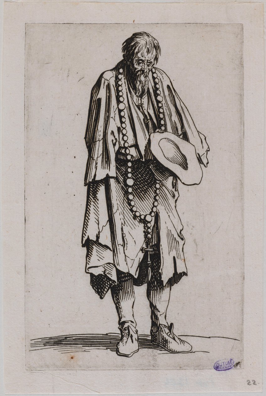 Tiggerne, tiggeren med rosenkrans. Ellevte nummer i en serie på 25 trykk (Lieure 489, Meaume 695) av Jacques Callot