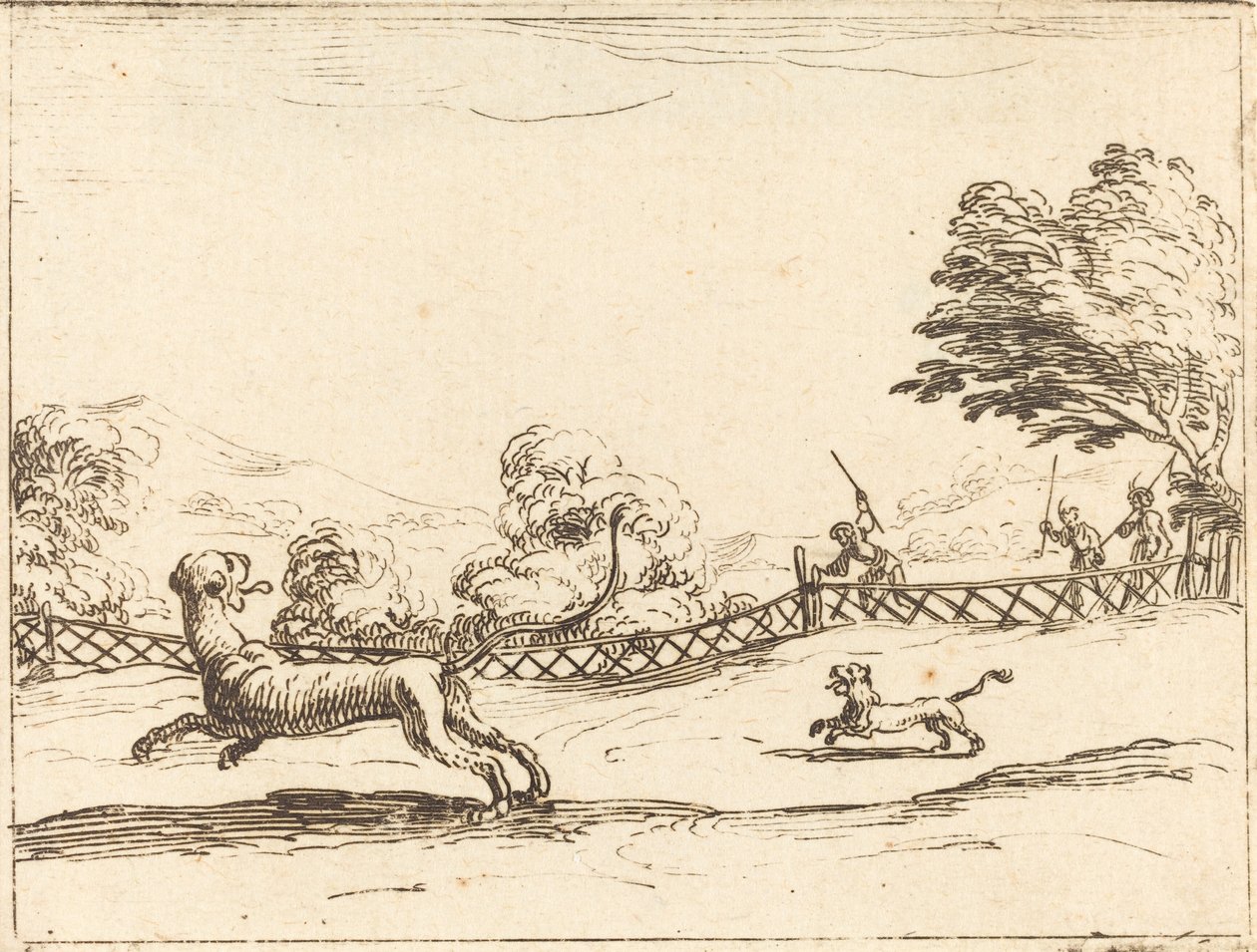 Løvinne og unge forfulgt av jegere av Jacques Callot
