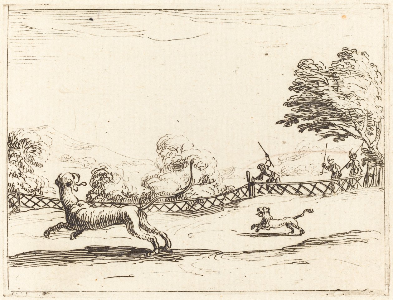 Løvinne og unge forfulgt av jegere av Jacques Callot