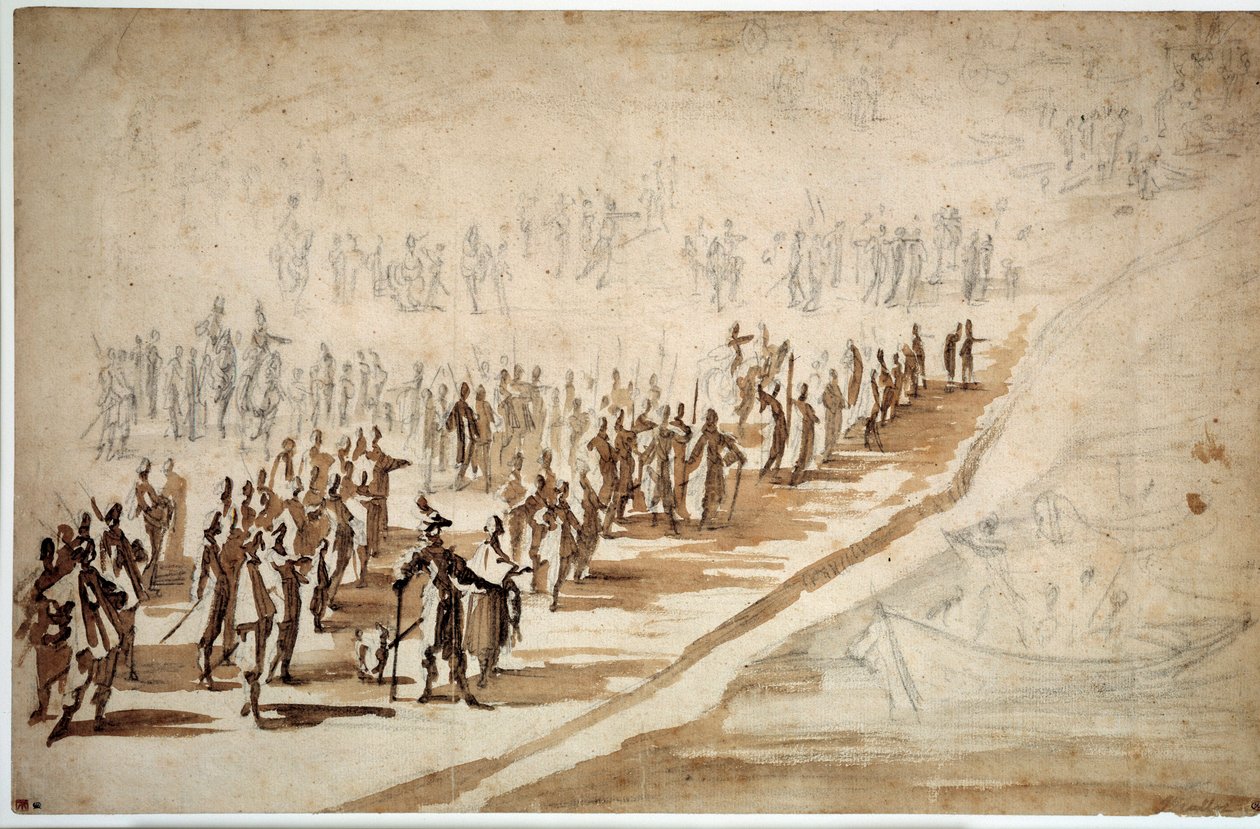 Louis XIII (1601-1643) og Richelieu (1585-1642) som deltok i avdelingen for troppene for Isle of Re. Tegning av Jacques Callot (1592-1635) av Jacques Callot