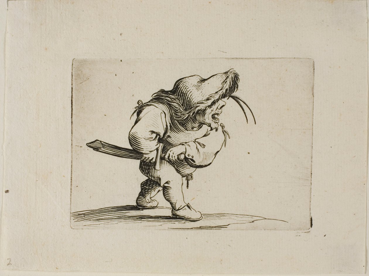Mann som forbereder seg på å trekke sverdet sitt, fra Varie Figure Gobbi av Jacques Callot