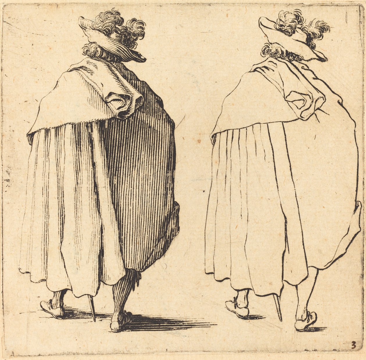 Mann i kappe, sett bakfra av Jacques Callot