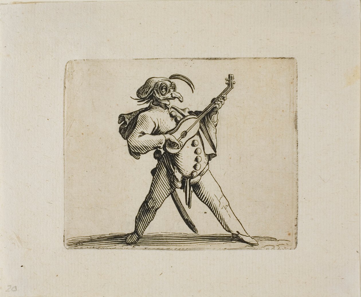 Masked Comician Playing the Guitar, fra Varie Figure Gobbi av Jacques Callot