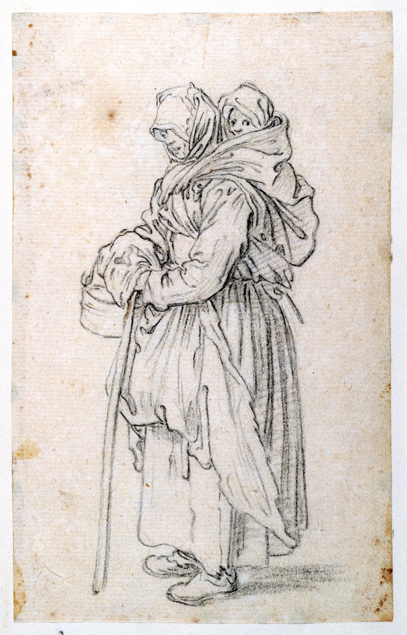 Mor og barn (svart kritt på papir) av Jacques Callot