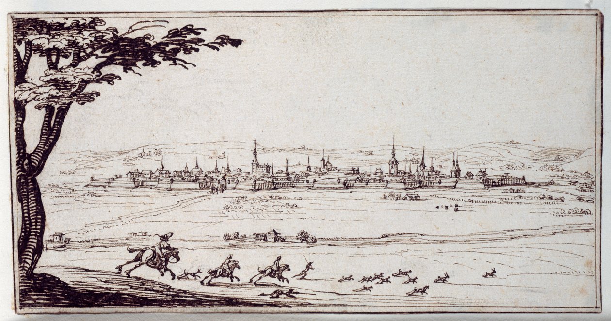 Nancy i det fjerne: harrier som forfølger en hare (penn og brunt blekk på papir) av Jacques Callot