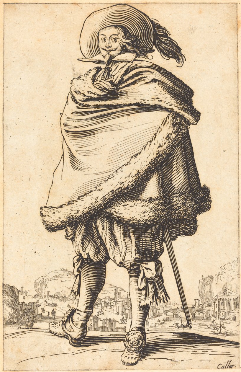 Edel mann fastspent i en mantel trimmet med pels av Jacques Callot