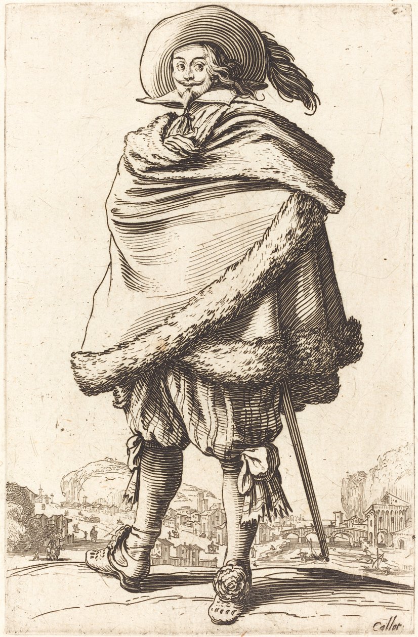 Edel mann pakket inn i en mantel trimmet med pels av Jacques Callot