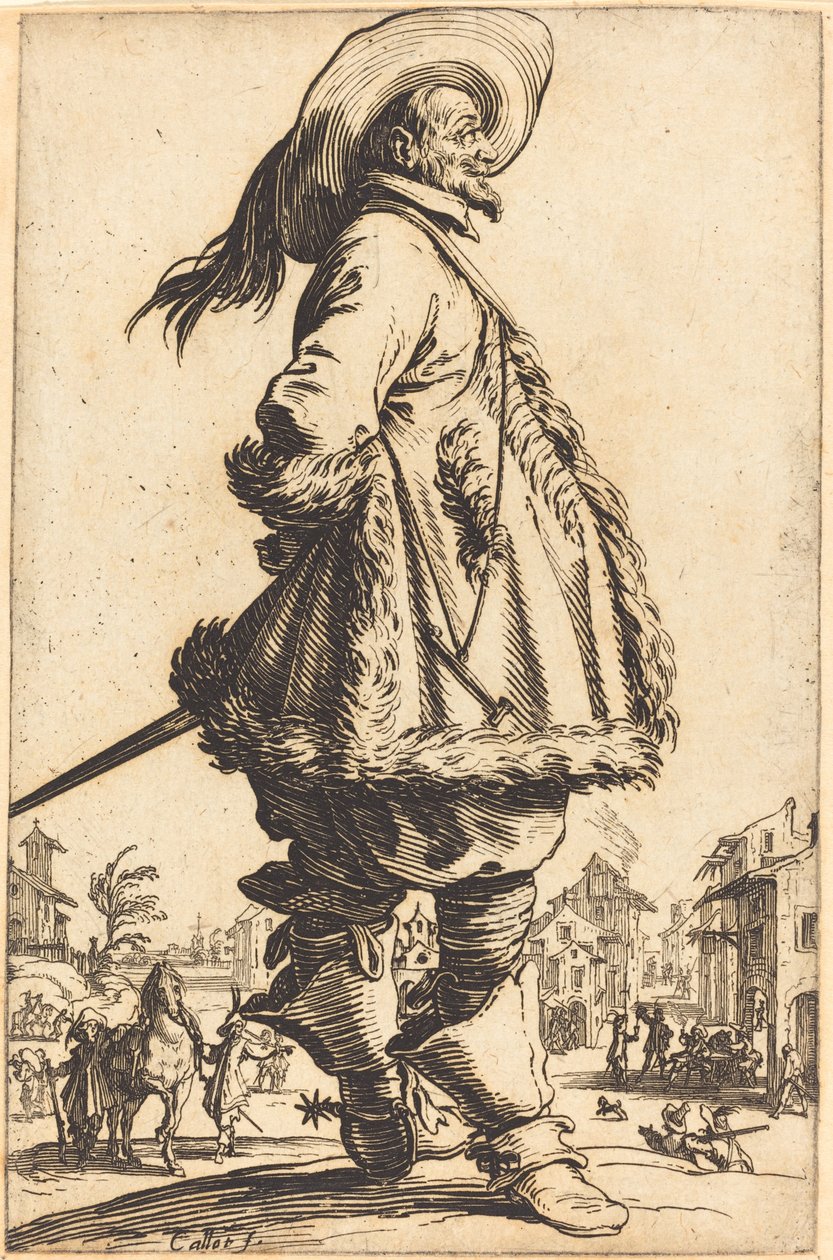 Edel mann med mantel trimmet i pels, holder hendene bak ryggen av Jacques Callot