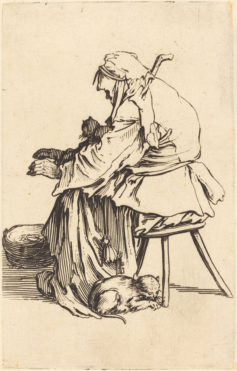 Gammel kvinne med katter av Jacques Callot