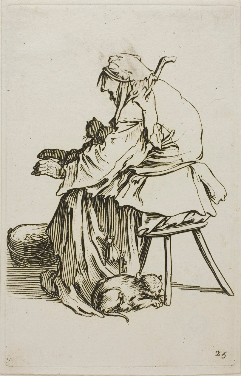 Gammel kvinne med katter, tallerken 25 fra The Beggars av Jacques Callot