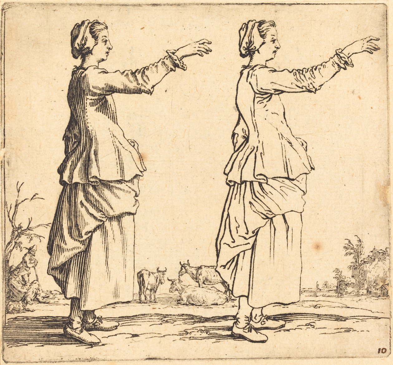 Bondekvinne, i profil, vendt mot høyre, med armen utstrakt av Jacques Callot