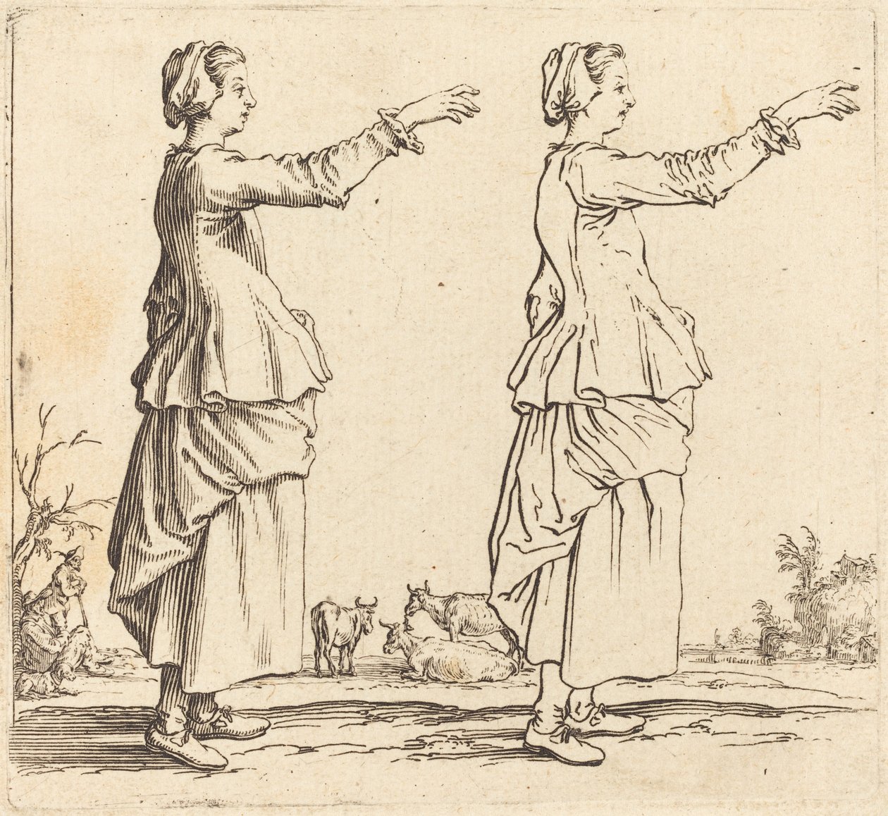 Bondekvinne, i profil, vendt mot høyre, med armen utstrakt av Jacques Callot