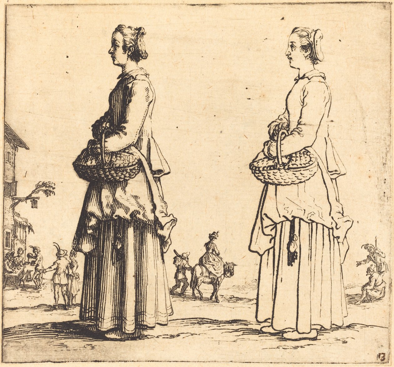 Bondekvinne med kurv, i profil, vendt mot venstre, 1617 og 1621. av Jacques Callot