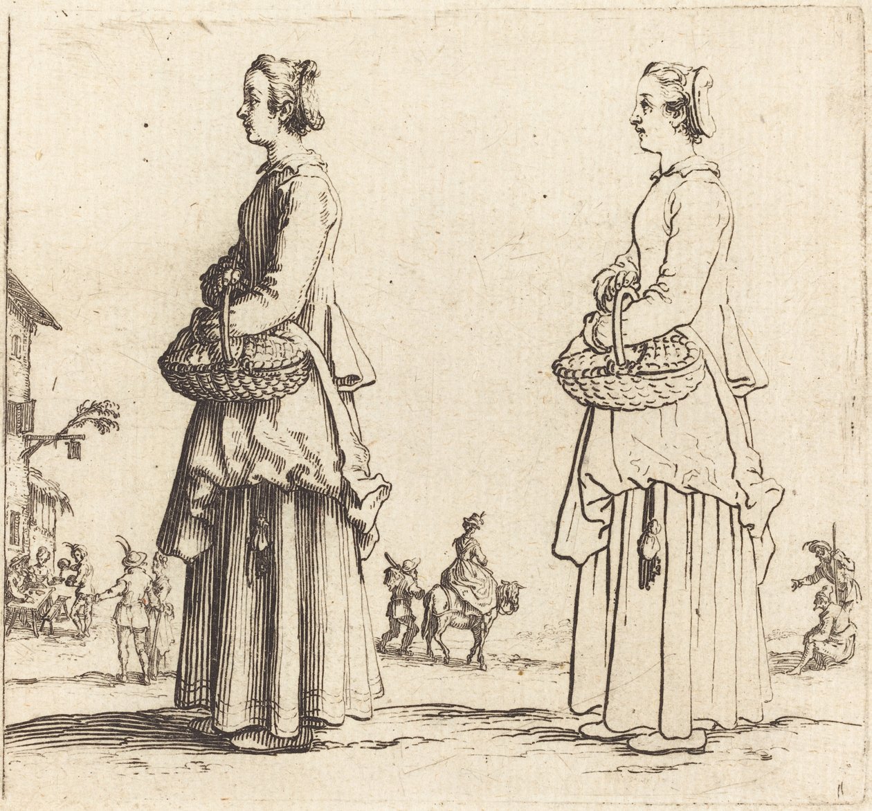 Bondekvinne med kurv, i profil, vendt mot venstre, 1617 og 1621. av Jacques Callot