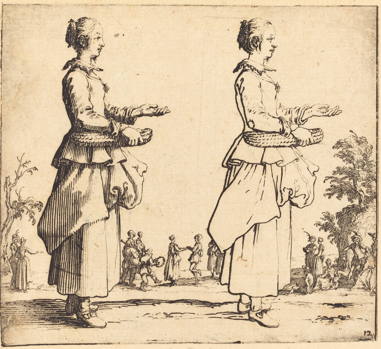 Bondekvinne med kurv, i profil, mot høyre, 1617 og 1621. av Jacques Callot