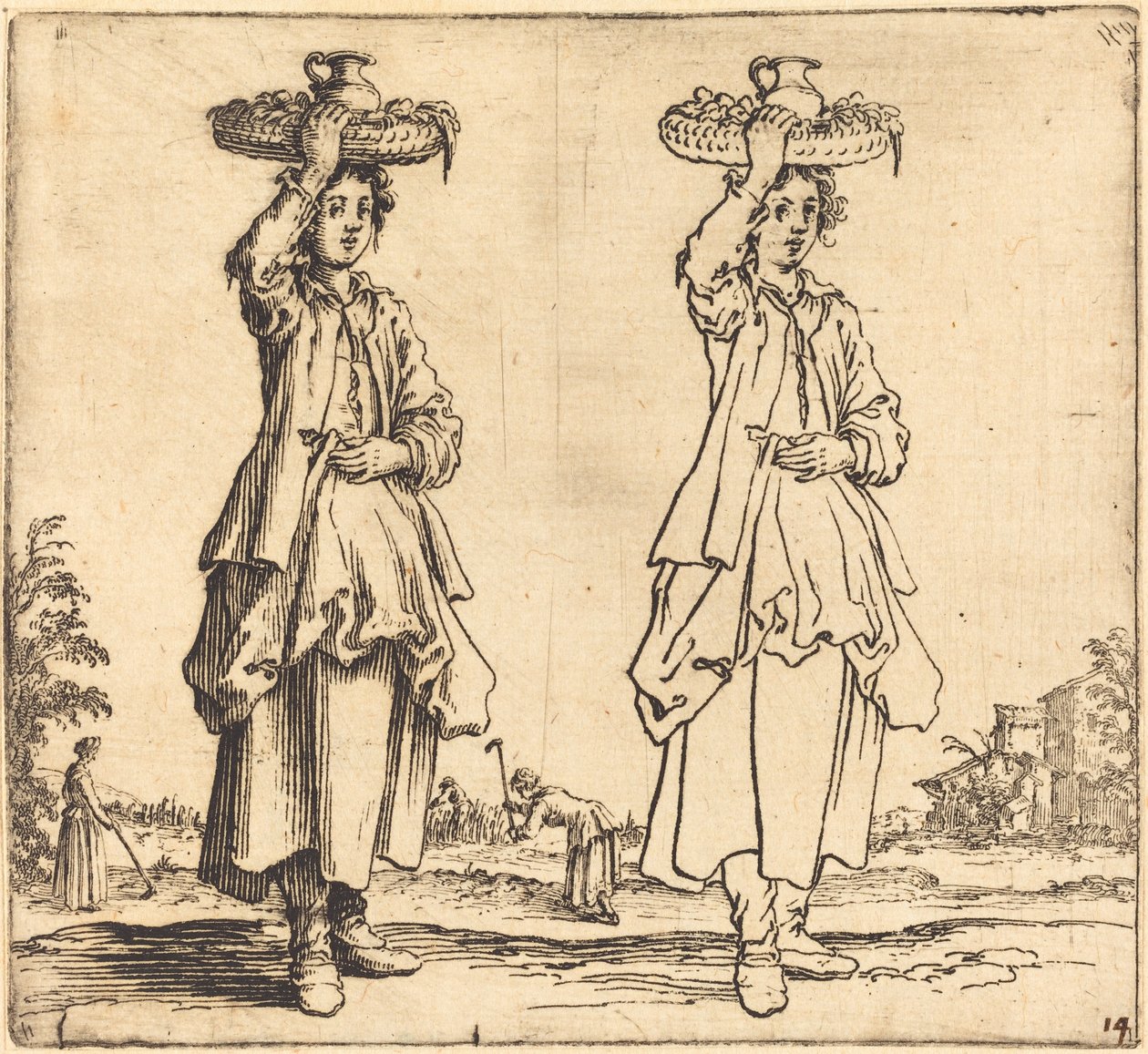 Bondekvinne med kurv på hodet, sett forfra av Jacques Callot