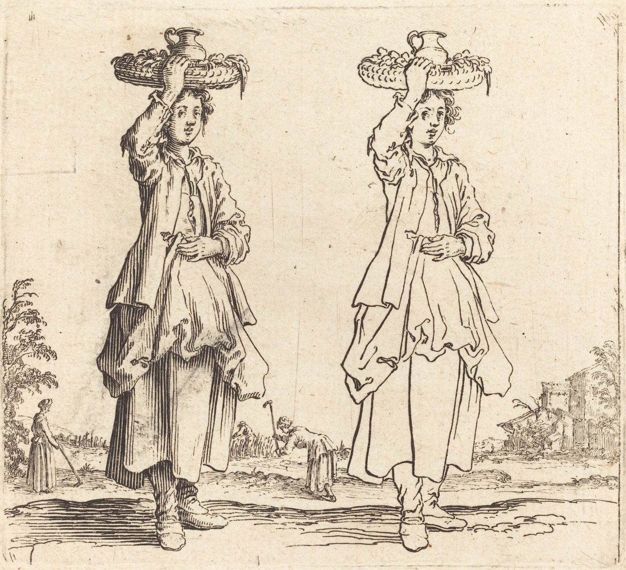 Bondekvinne med kurv på hodet, sett forfra, 1617 og 1621. av Jacques Callot