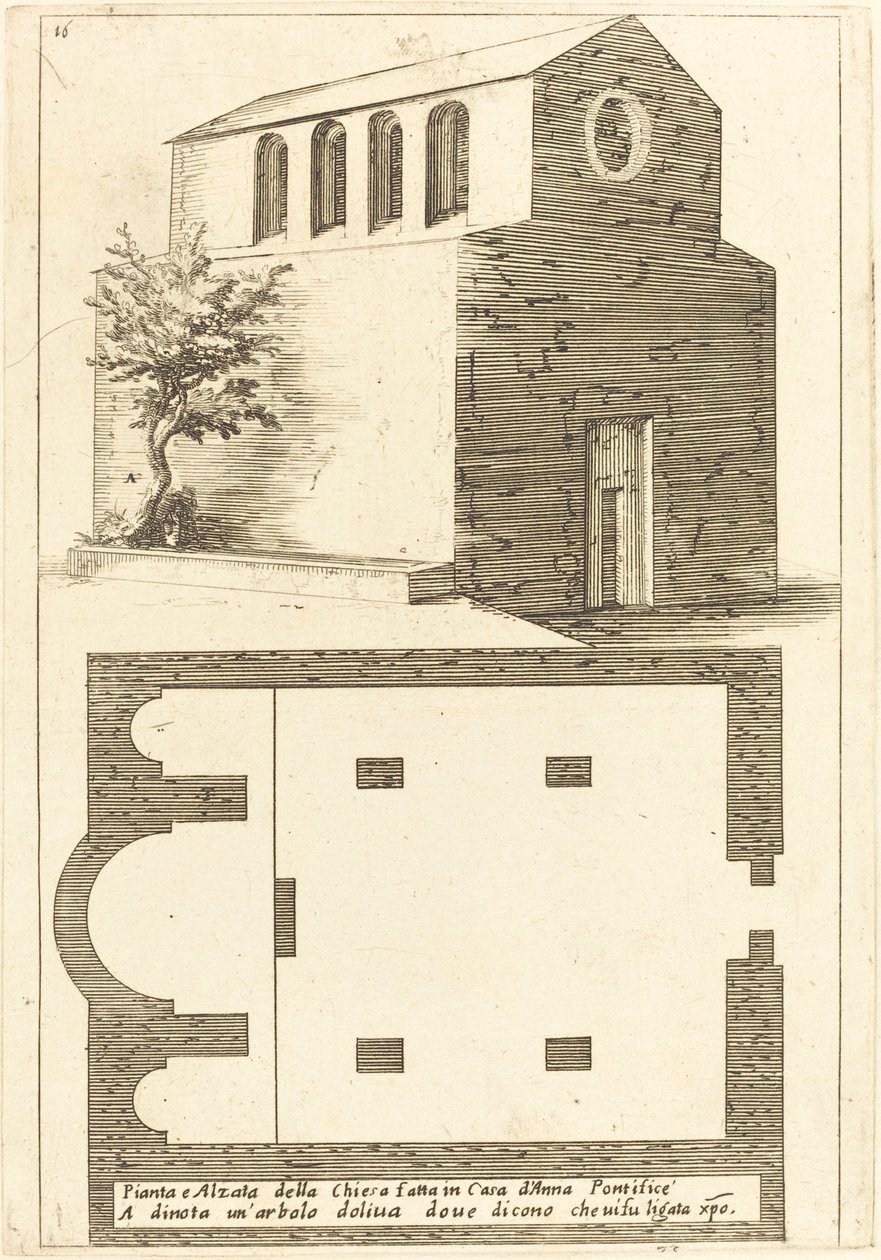 Plan og høyde av kirken nær huset til Annas av Jacques Callot