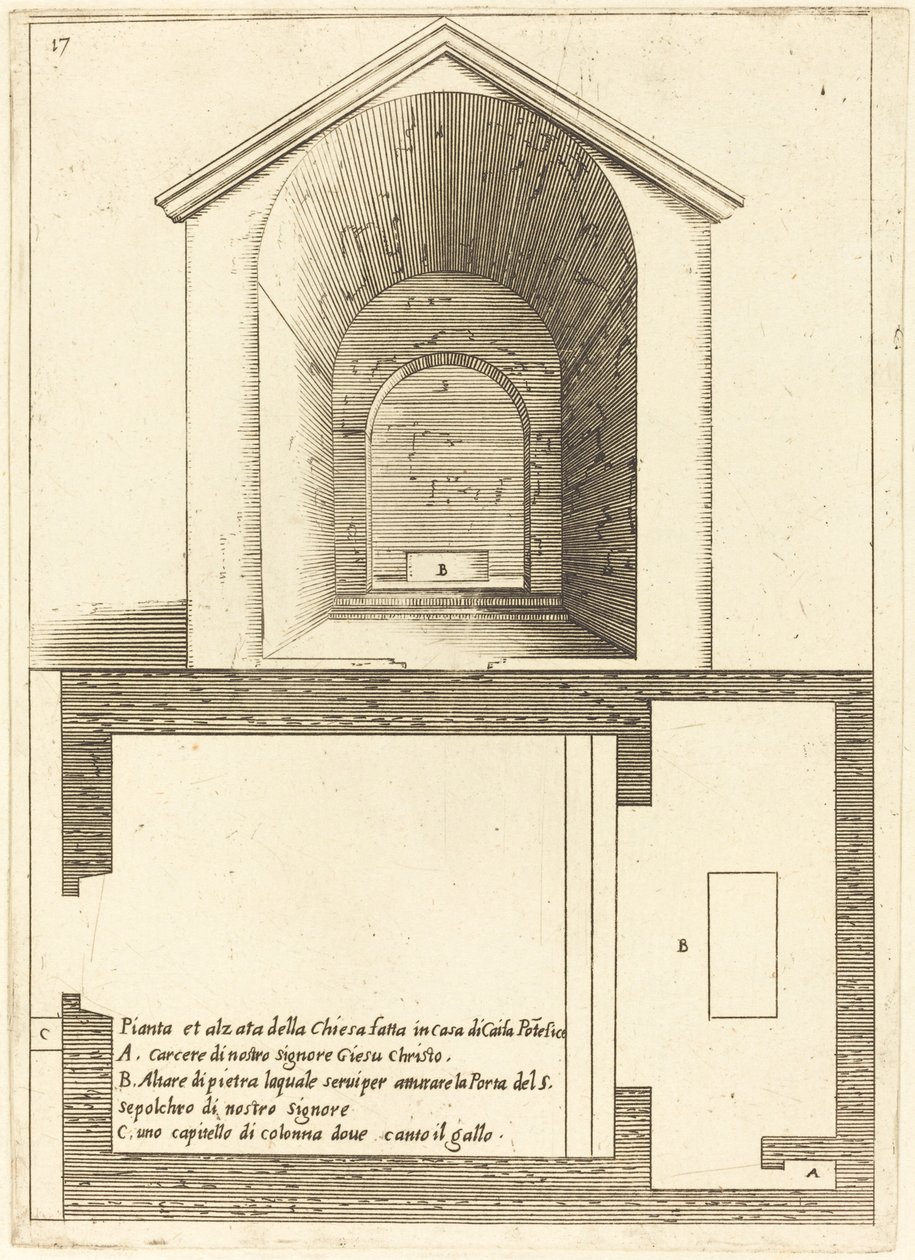 Plan og høyde av kirken nær Kaifas-huset av Jacques Callot