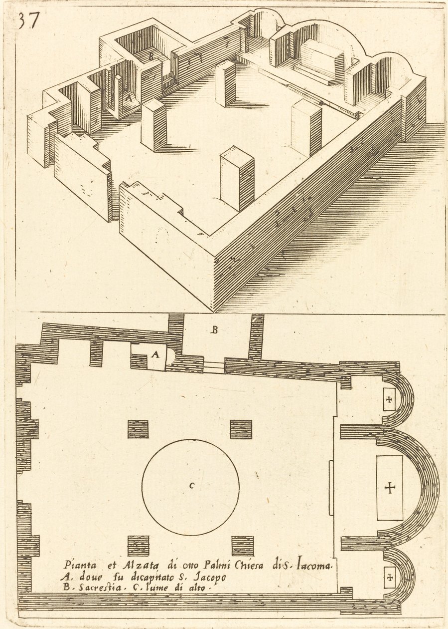 Plan og høyde av kirken S. Iacoma av Jacques Callot