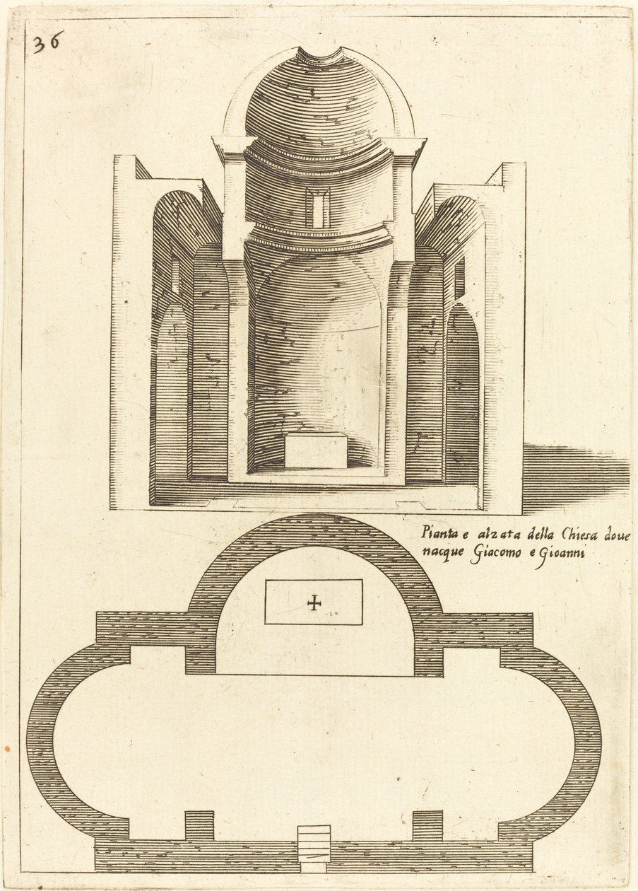 Plan og høyde av kirken til de hellige Jakob og Johannes av Jacques Callot