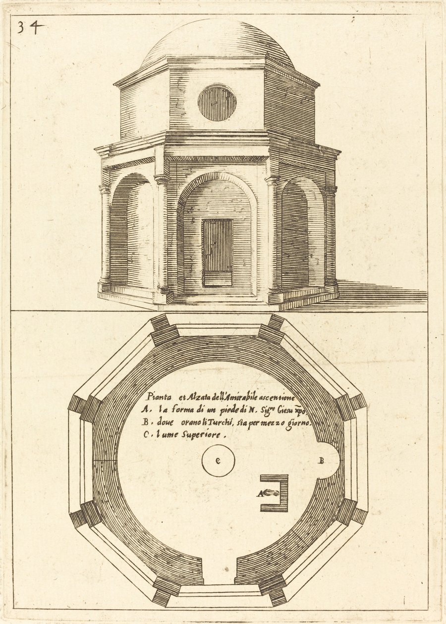 Plan og høyde over Kristi Himmelfartskirken av Jacques Callot