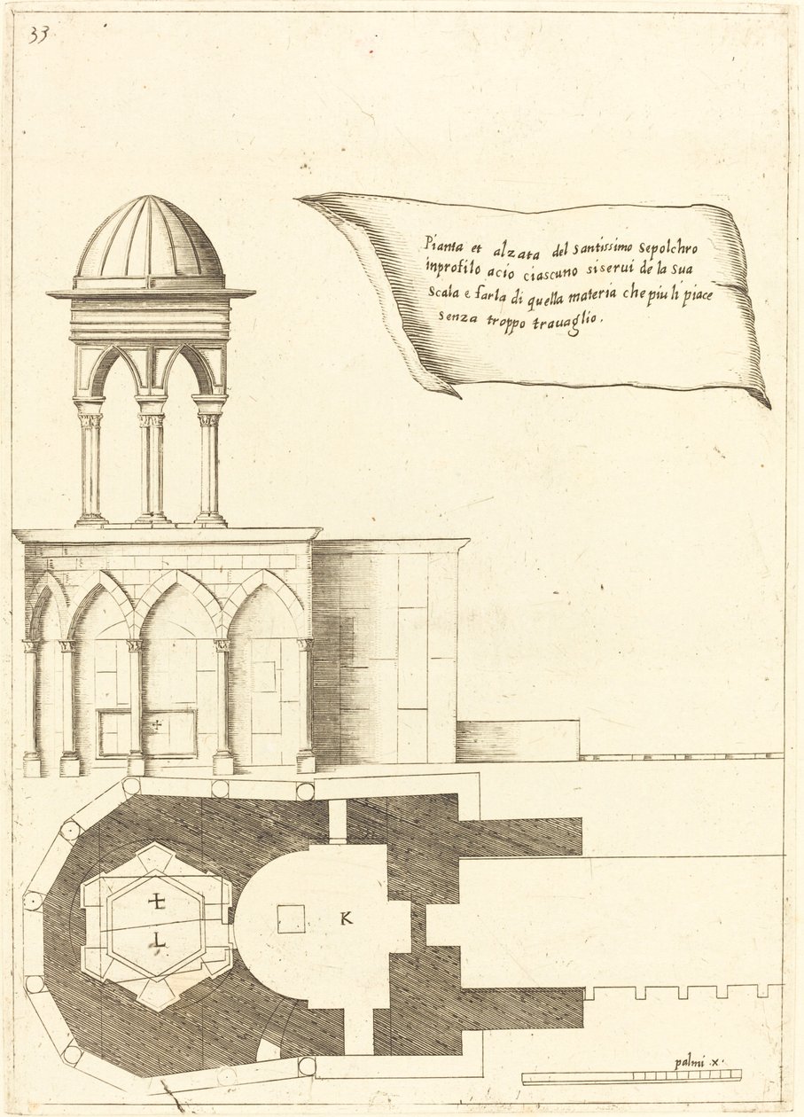 Plan og høyde av Den hellige gravs kirke av Jacques Callot