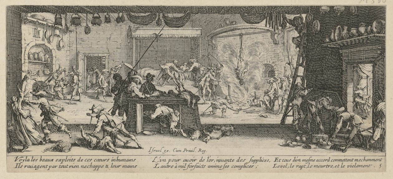 Plyndring av en gård, blad 5 i serien «Krigens grusomheter» av Jacques Callot