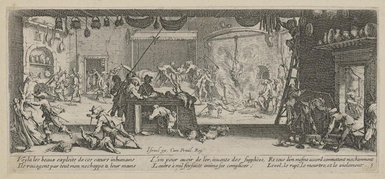 Plyndring av en gård, blad 5 i serien «Krigens grusomheter» av Jacques Callot