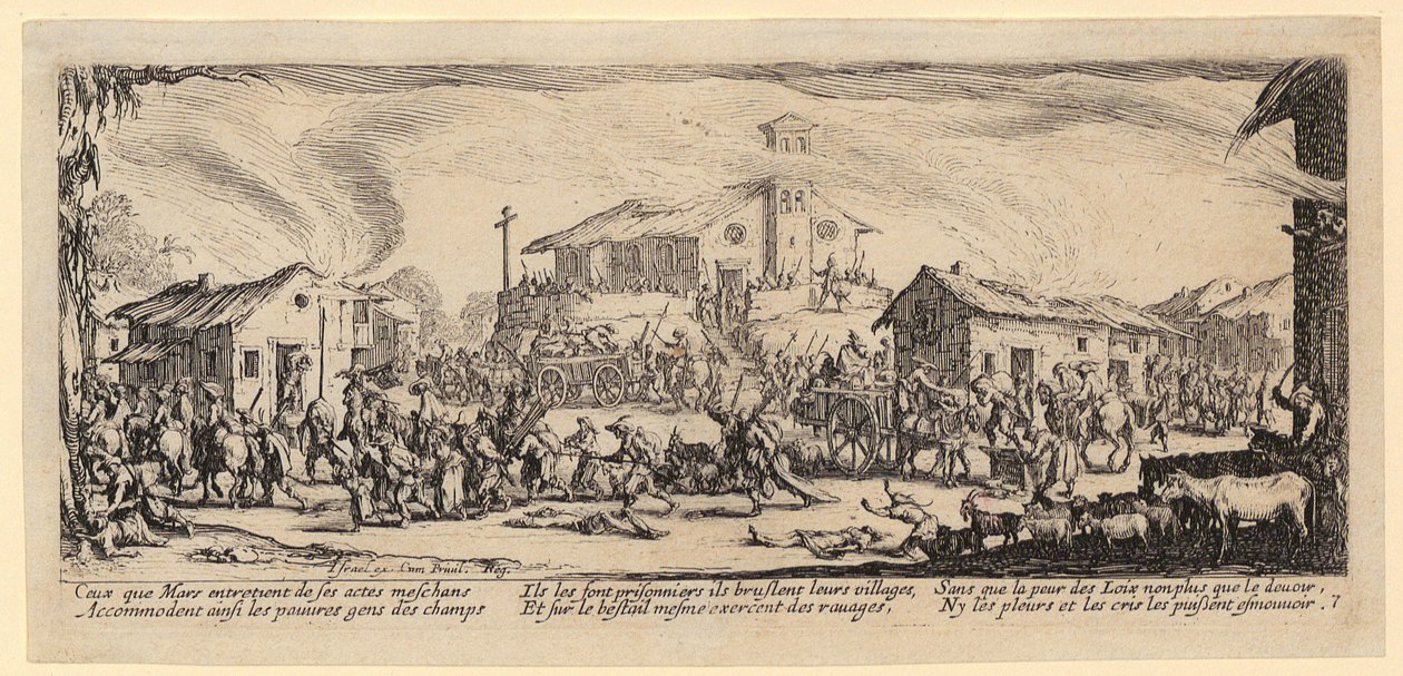 Plyndringen og nedbrenningen av en landsby, blad 7 fra serien «Krigens redsler» av Jacques Callot